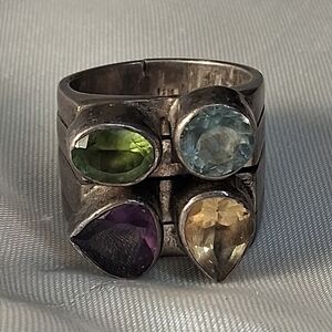 Vintage 925 Sterling Silver Chunky Gemstone Ring: Amethyst, Topaz, Citrine.. Sz7